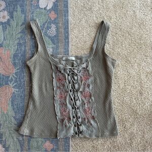 Embroidered Lace-Up Sage Green Tank Top